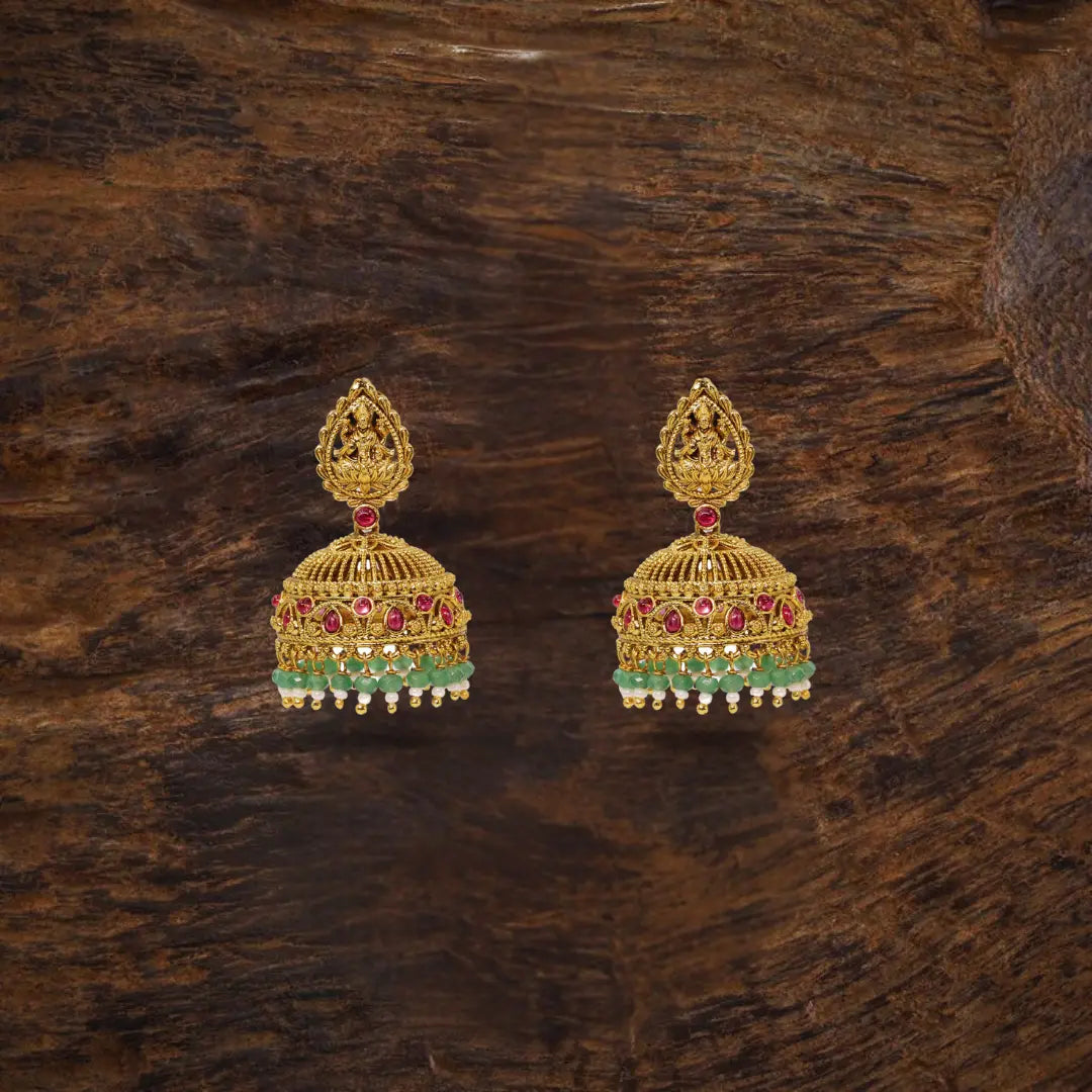 Antique Temple Jhumkas with Green Beads  R-2229