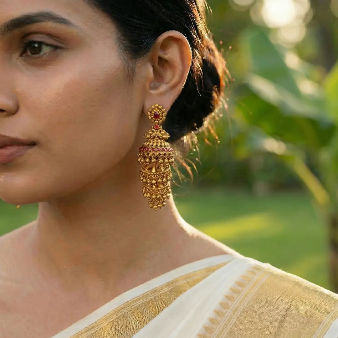 Megha Devi Jhumka | Gold-Plated Cloud Goddess Temple Earrings