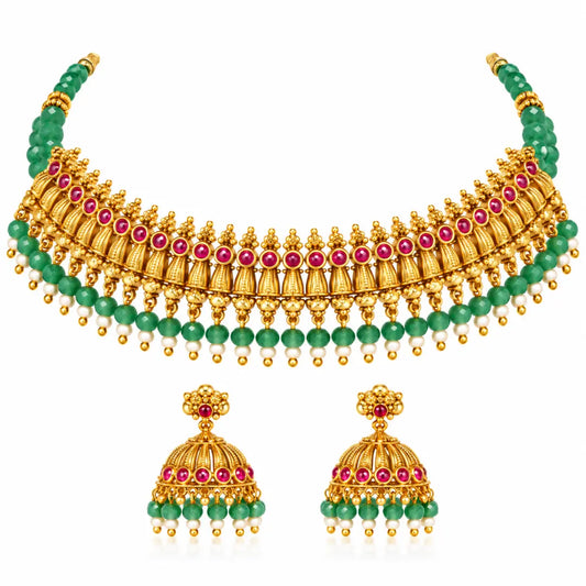 1 Gram Gold Choker Set | Pillar Drop Ruby Medallion Design K-1817