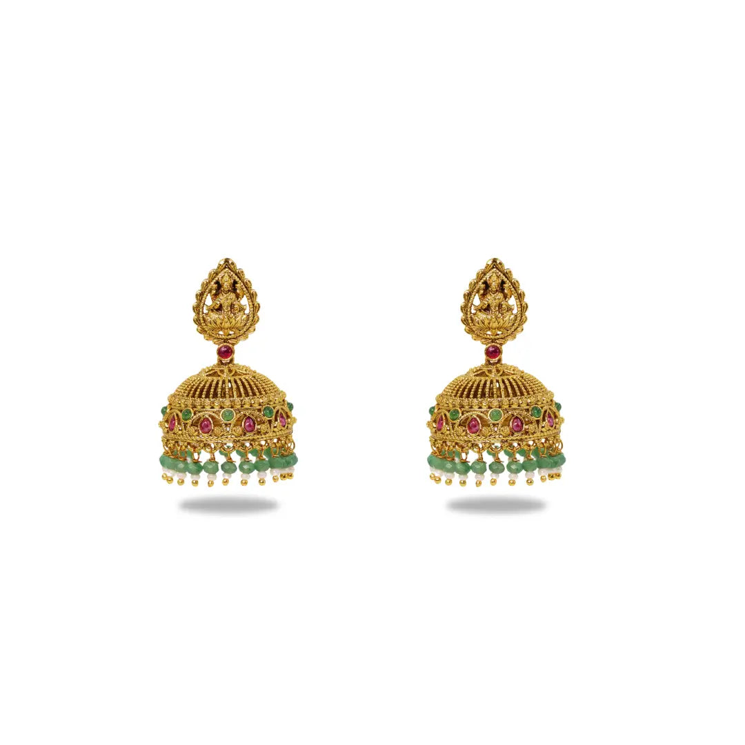 Antique Temple Jhumkas with Green Beads  R-2229