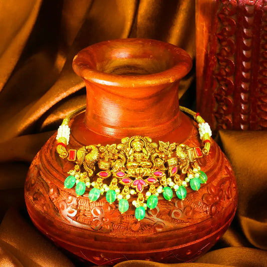 Lakshmi Antique Temple Jewellery Bridal Choker with Green Stone Drops