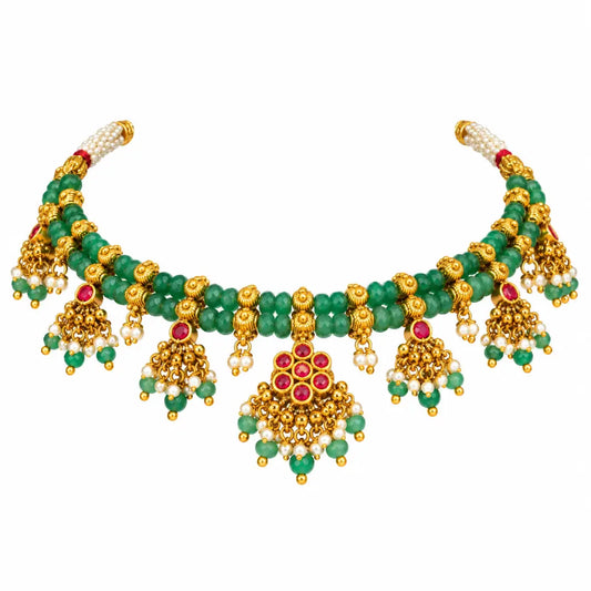 1 Gram Gold Choker Set | Green Bead Ruby Jhumka Drop Design