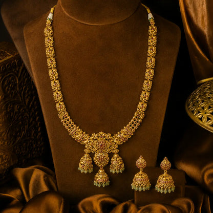Antique Temple Long Necklace Set with Laxmi Motif & Jhumka Drops