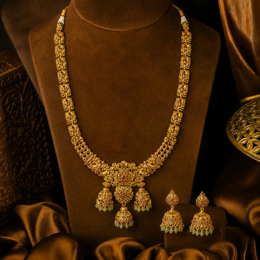 Antique Temple Long Necklace Set with Laxmi Motif & Jhumka Drops