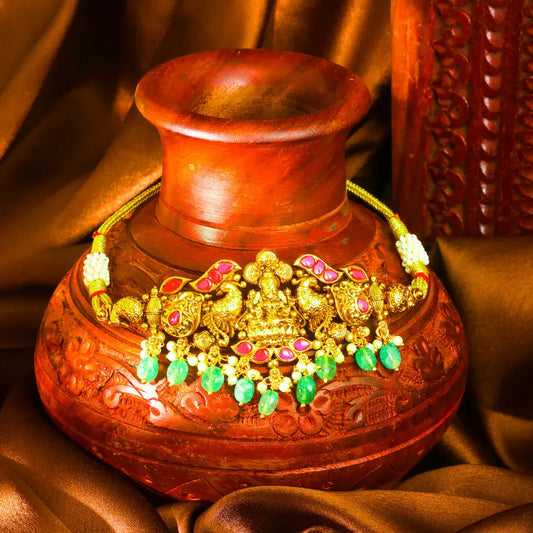 Lakshmi Temple Jewellery Bridal Choker Set with Green Beads