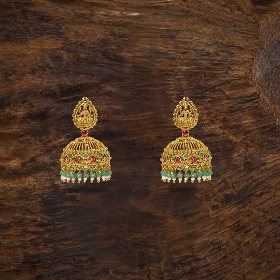 Antique Temple Jhumkas with Green Beads  R-2229