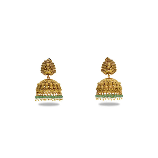 Antique Temple Jhumkas with Green Beads R-2022