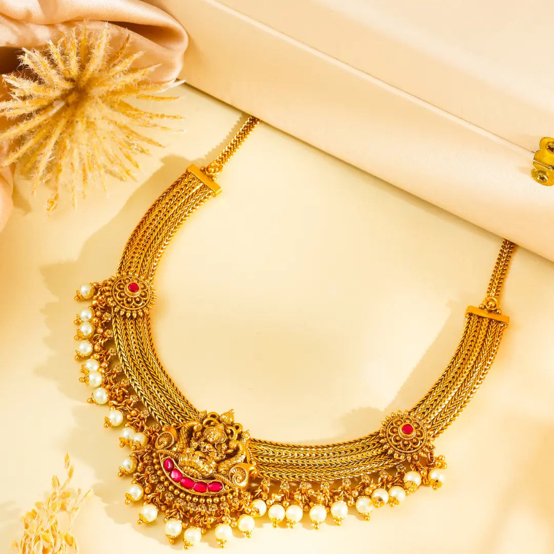 Lakshmi Temple Jewellery Short Necklace Set for South Indian Bridal Wear