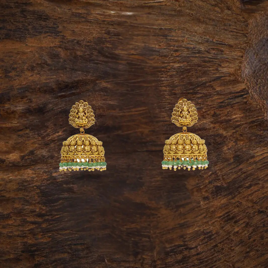 Antique Temple Jhumkas with Green Beads R-2022