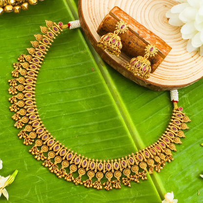 Patra Ghungroo Temple Jewellery Short Necklace Set with Bead Drops