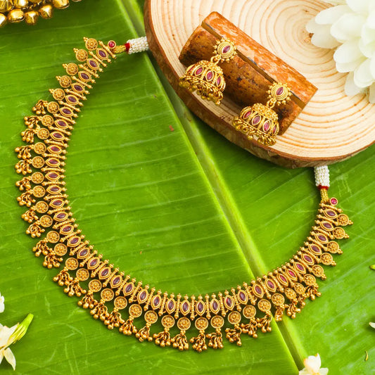 Patra Ghungroo Temple Jewellery Short Necklace Set with Bead Drops