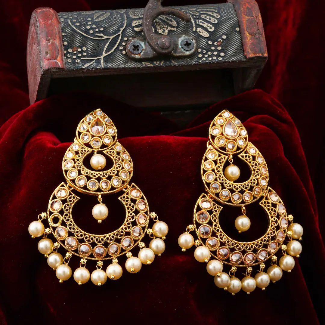 Antique Gold-Plated Jhumka with White Pearl B-163
