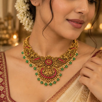Navaratna Pushpa Haar Short Necklace Set | Gold-Plated Temple Jewellery J-866
