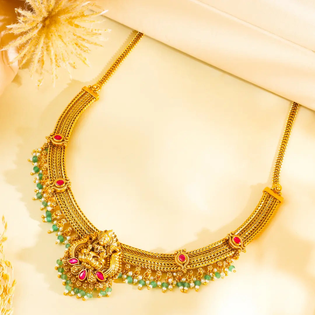 Lakshmi Temple Jewellery Short Necklace Set with Green Bead Drops