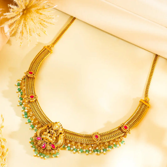 Lakshmi Temple Jewellery Short Necklace Set with Green Bead Drops