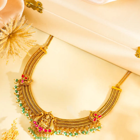 Lakshmi South Indian Temple Jewellery Short Necklace Set with Green Beads