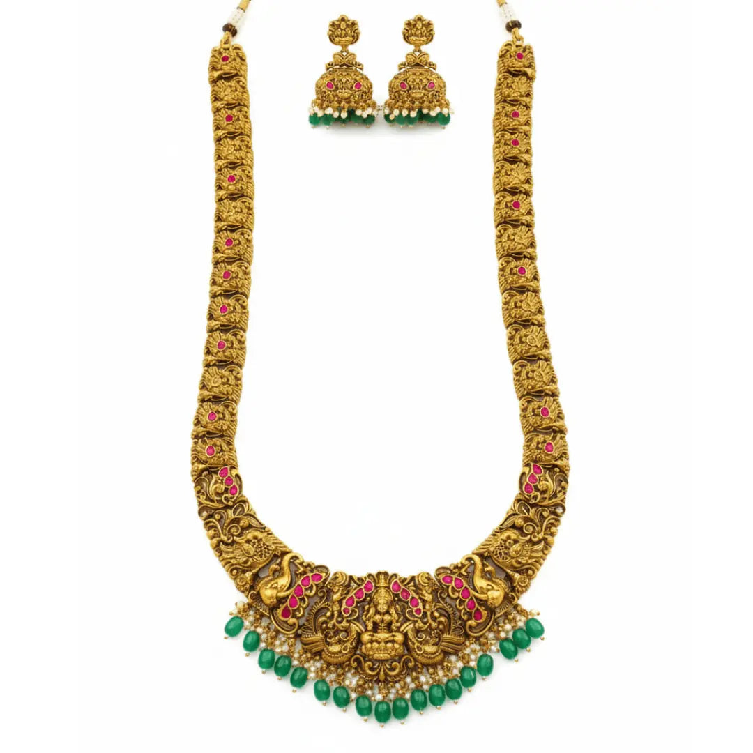 Ethnic Temple Jewellery Long Necklace Set with Laxmi Design