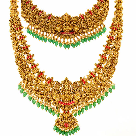 Antique Muthu Swarna Kanti Combo Necklace Set | Gold-Plated Temple J-1037N