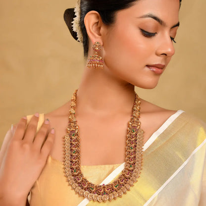 Gold-Plated Peacock Motif Long Necklace Set N-35