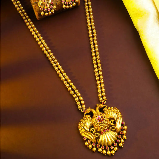 Antique Gandaberunda Temple Jewellery Pendant Set with Beaded Chain