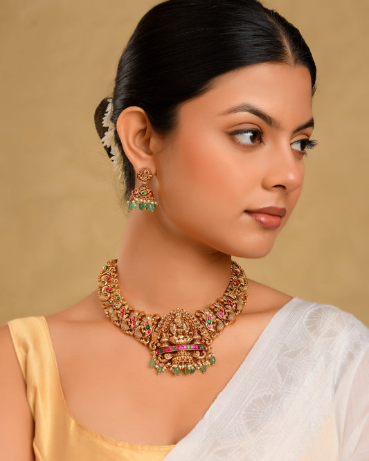 Shakti Mandala Kantha Short Necklace Set | Gold-Plated Temple Jewellery J-1051