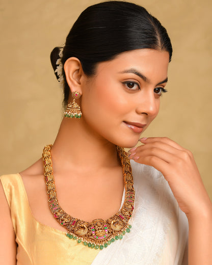 Bridal Temple Jewellery Long Necklace Set with Laxmi Design | Gold Plated