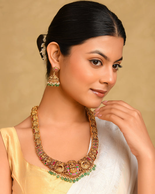 Bridal Temple Jewellery Long Necklace Set with Laxmi Design | Gold Plated