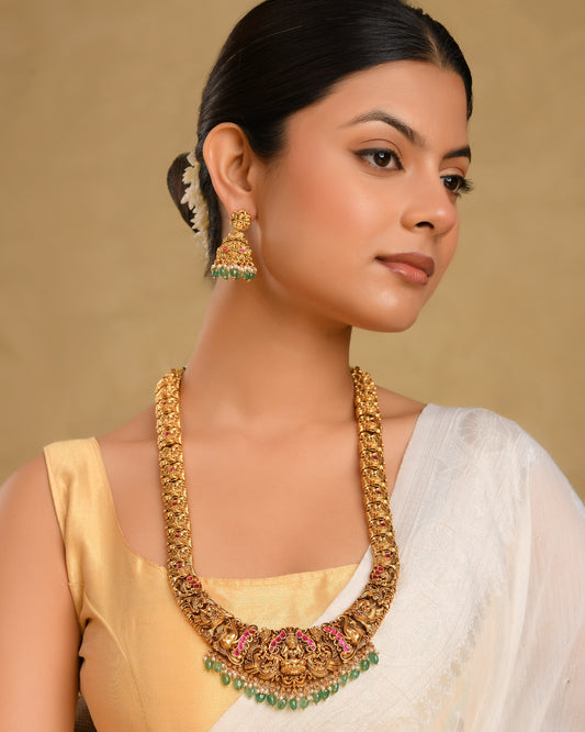 Ethnic Temple Jewellery Long Necklace Set with Laxmi Design