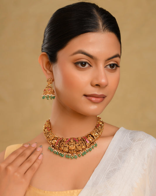 Bridal Temple Jewellery Short Necklace Set with Laxmi Design | Gold Plated
