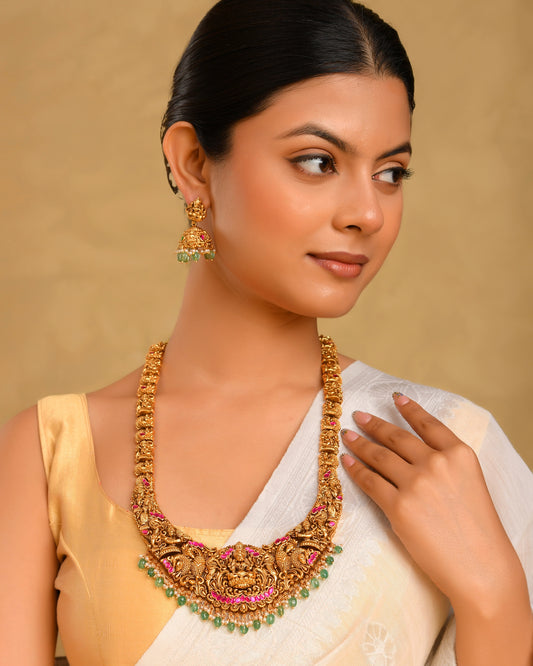 Traditional Bridal Temple Jewellery Long Necklace Set – Laxmi Motif