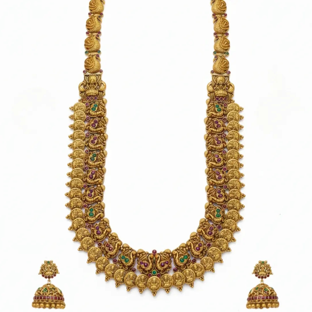 Gold-Plated Peacock Motif Long Necklace Set N-35