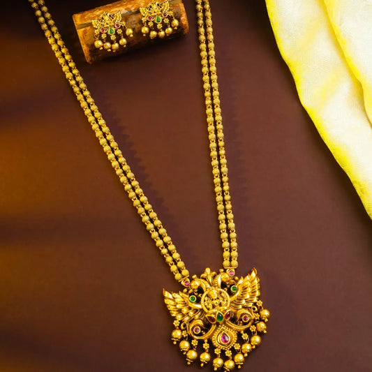Gandaberunda Temple Jewellery Pendant Set with Long Beaded Chain