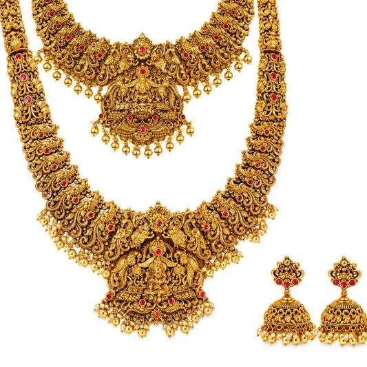 Swarna Antique Manga Haar Combo Necklace Set | Gold-Plated Temple J-1049N