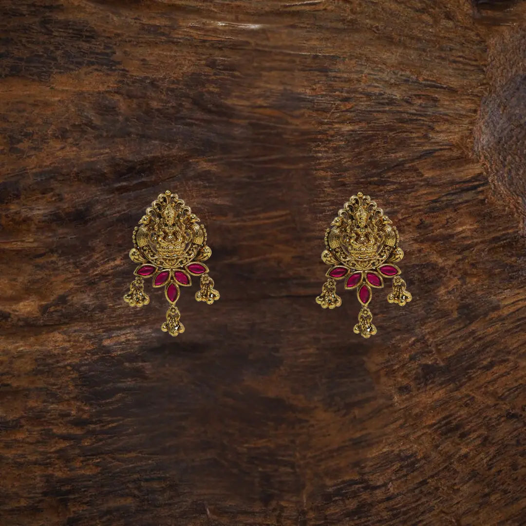 Gold Plated Temple Bali with Laxmi Design & Multicolor Stones