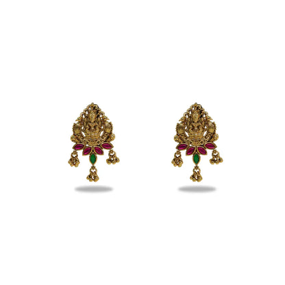 Gold Plated Temple Bali with Laxmi Design & Multicolor Stones