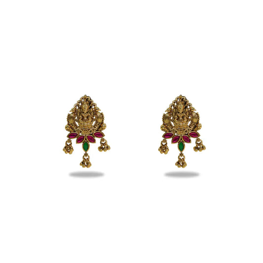 Gold Plated Temple Bali with Laxmi Design & Multicolor Stones