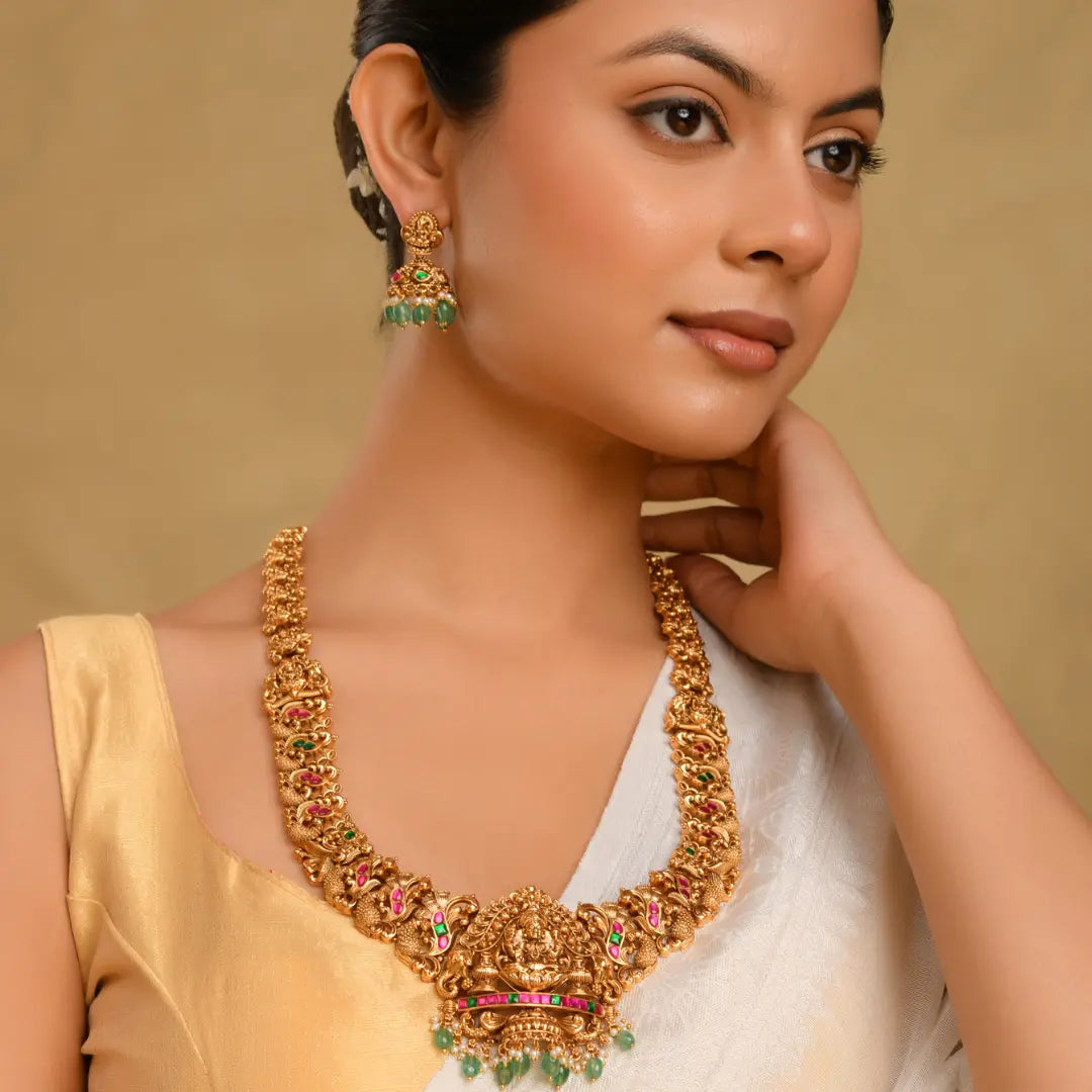 Gajalakshmi Bridal Combo Necklace Set | Gold-Plated Temple Jewellery J-1051N