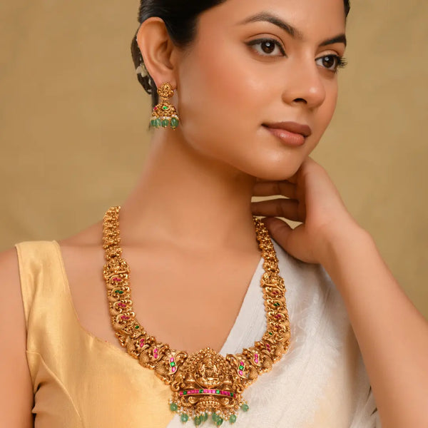 Bhuvana Pushpa Haar Long Necklace Set | Gold-Plated Temple Jewellery J-1052