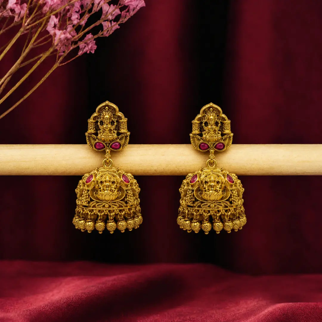Lakshmi Dual Temple Jhumka | Gold-Plated Ruby Temple Earrings