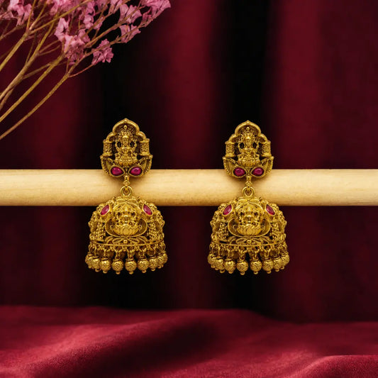 Lakshmi Dual Temple Jhumka | Gold-Plated Ruby Temple Earrings