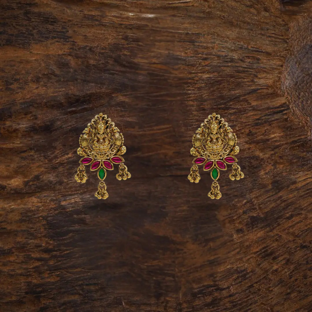 Gold Plated Temple Bali with Laxmi Design & Multicolor Stones