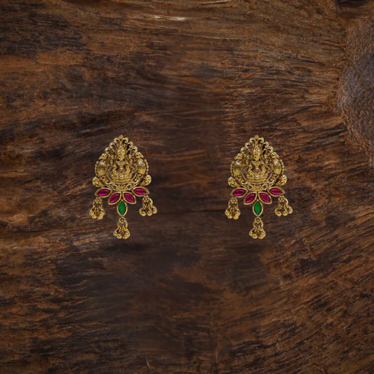 Gold Plated Temple Bali with Laxmi Design & Multicolor Stones