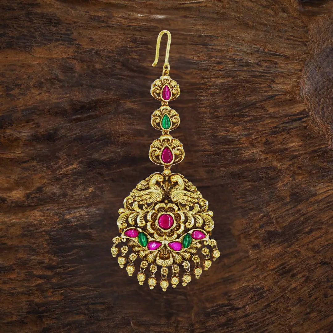 Antique Gold Plated Maang Tikka with Pink Stones R-1775