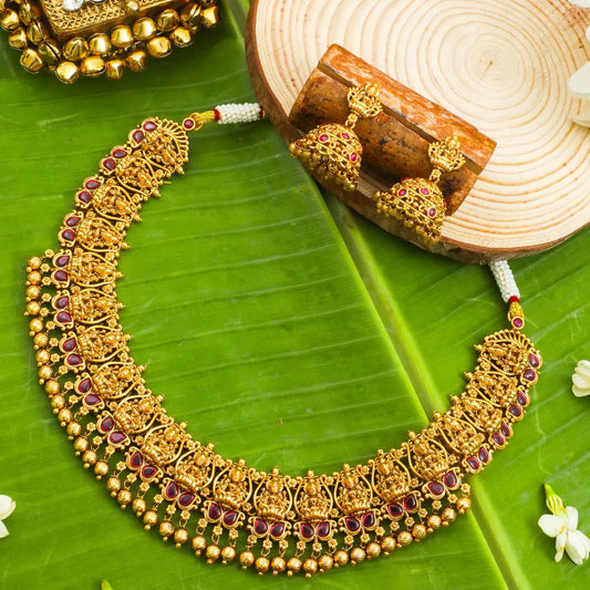 Anugraha Lakshmi Temple Jewellery Choker Set with Ruby Stones