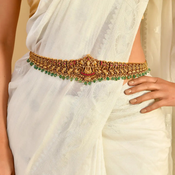 Pachi Swarna Navaratna Kamarpatta | Gold-Plated Temple Waist Belt J-846