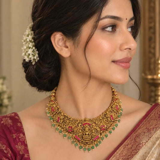 Andal Mangala Haar Short Necklace Set | Gold-Plated Temple Jewellery  J-856