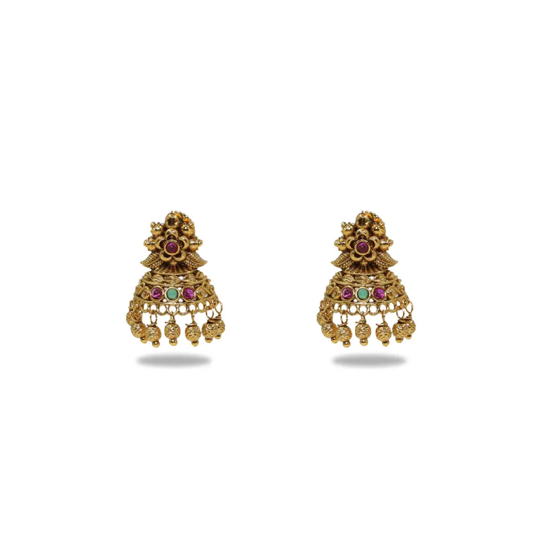Antique Gold Plated Temple Jhumka with Floral Motif R-2263