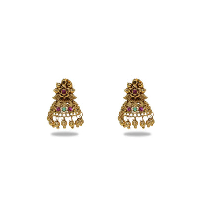 Antique Gold Plated Temple Jhumka with Floral Motif R-2263