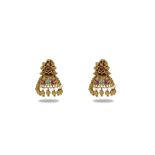 Antique Gold Plated Temple Jhumka with Floral Motif R-2263