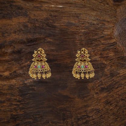 Antique Gold Plated Temple Jhumka with Floral Motif R-2263